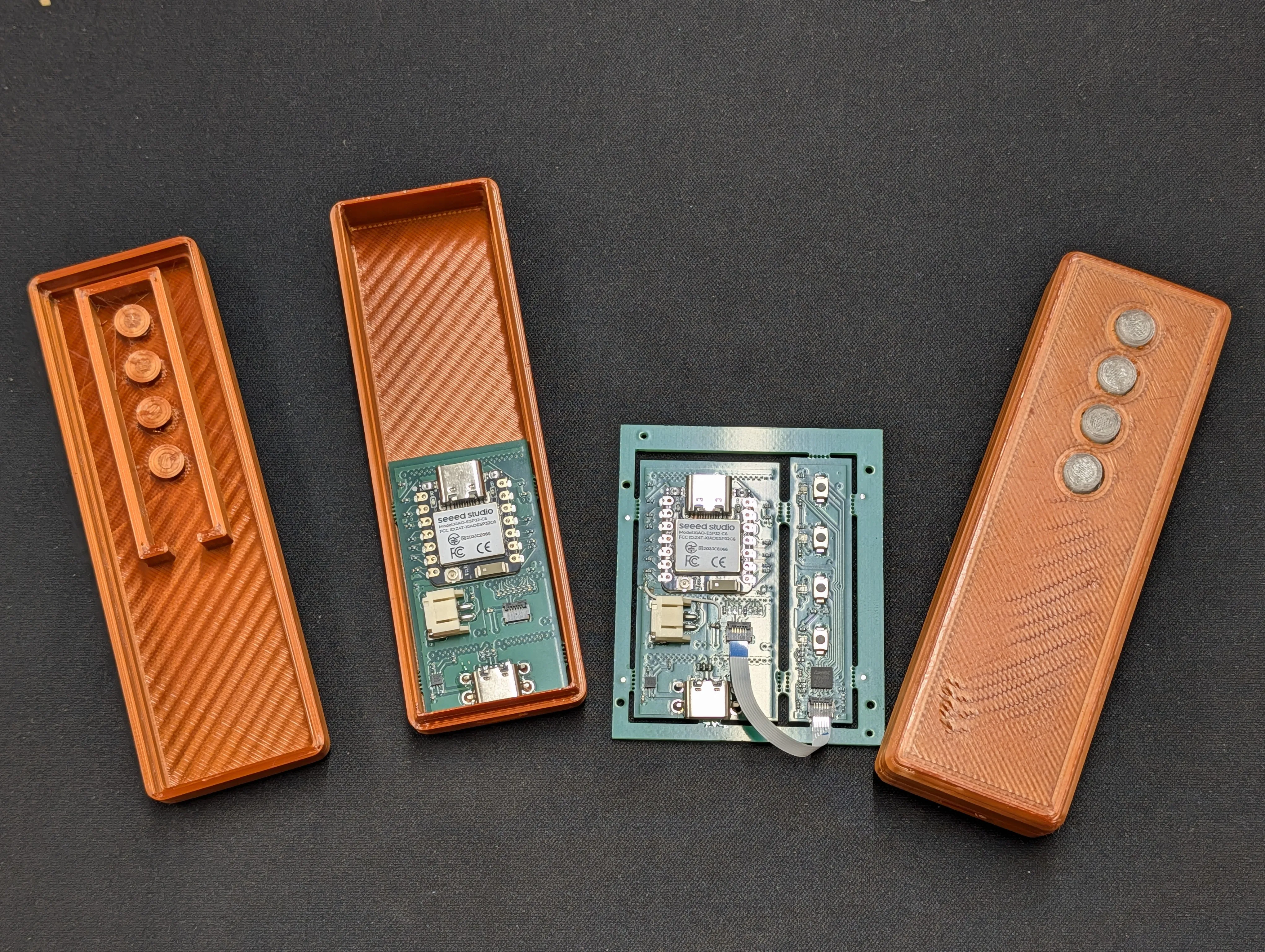 Phaestus Bluetooth remote - enclosure halves, PCB, and assembled unit