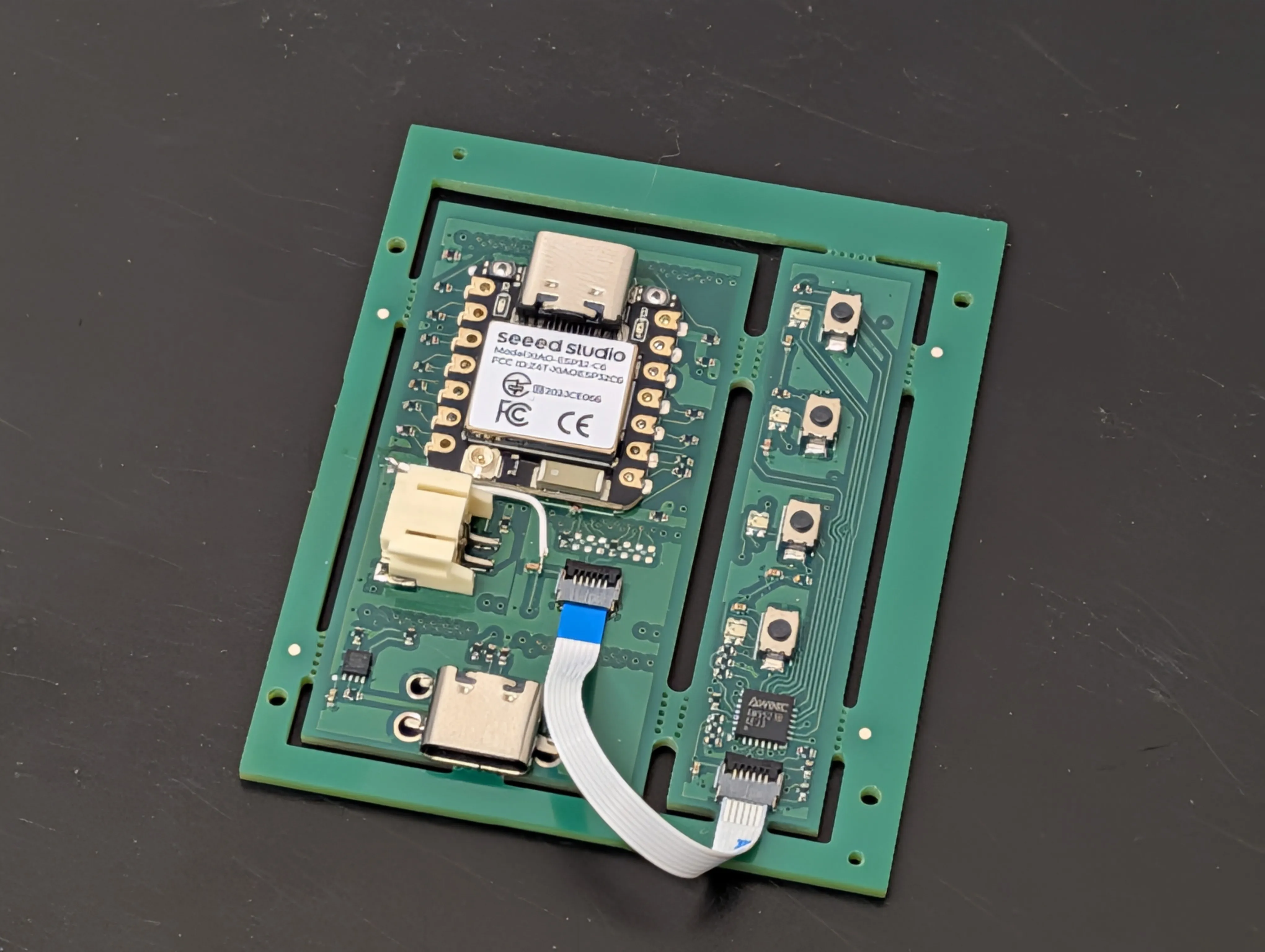 Phaestus PCB close-up showing the Seeed XIAO ESP32 module and grid-based block layout